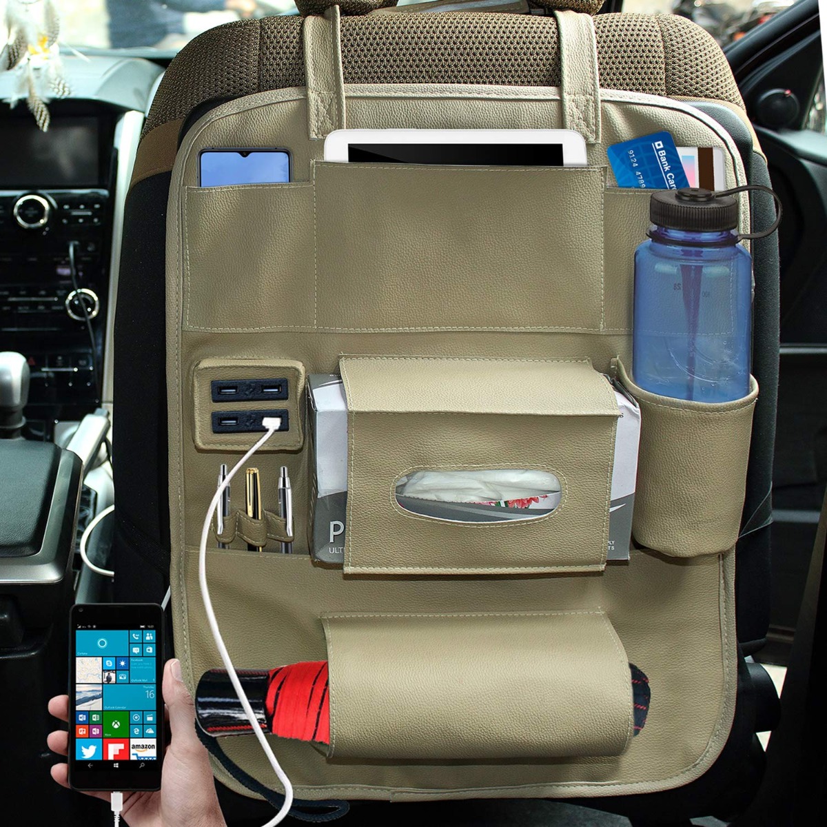 AllExtreme EXMPOB1 PU Leather Universal Car Auto Seat Back Multi Pocket  Organizer and iPad mini Holder (Black)
