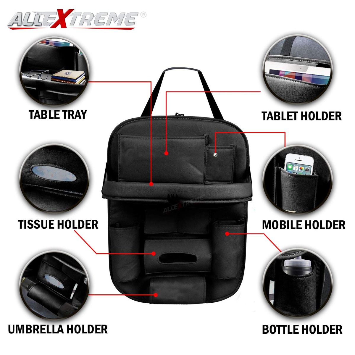AllExtreme Universal PU Leather Auto Car Seat Back Organizer with Foldable  Dining Table Tray, Multipocket Storage Tablet, Bottle and Tissue Paper  Holder (Black)