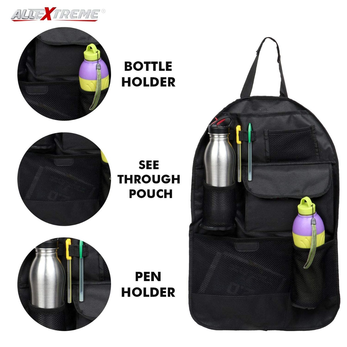 AllExtreme EXNOB1 Nylon Universal Car Auto Seat Back Multi Pocket Organizer  Bag for Mobile, Bottle, Map, Magazines and Umbrella Storage (Black)